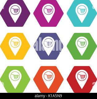 Tag Geo con simbolo carrello icona impostare hexahedron colore Illustrazione Vettoriale