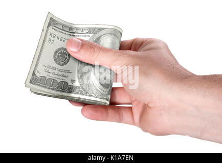 Un maschio di mano di consegnare un batuffolo di ripiegata dollaro americano banconote su un sfondo isolato Foto Stock