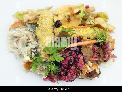 Sul bianco tavolo da cucina si trovano i rifiuti alimentari, che è rimasto quando cucinare il pranzo. Ci sono le verdure e frutta e lische di pesce Foto Stock