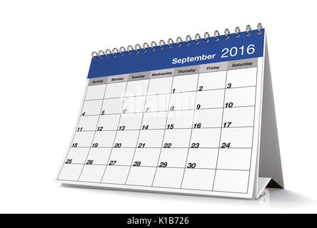 3D rendering di 2016 Settembre pagina di un calendario desktop è isolato su sfondo bianco con ombra. Foto Stock