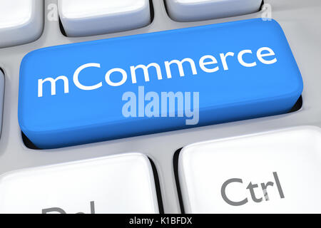 Il rendering di illustrazione della tastiera del computer con la stampa di mCommerce su un pallido pulsante blu Foto Stock