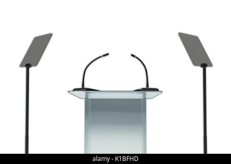 Il rendering di illustrazione del podio con due microfoni e due espositori, isolato su bianco Foto Stock