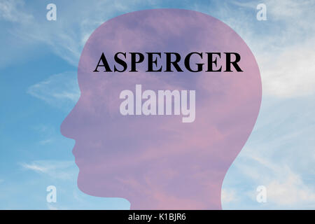 Il rendering di illustrazione di 'ASPERGER" titolo sulla testa silhouette, con cielo nuvoloso come sfondo. Foto Stock