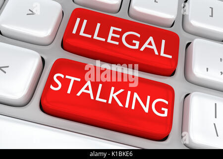 Il rendering di illustrazione della tastiera del computer con la stampa di stalking illegali su due pulsanti rossi Foto Stock