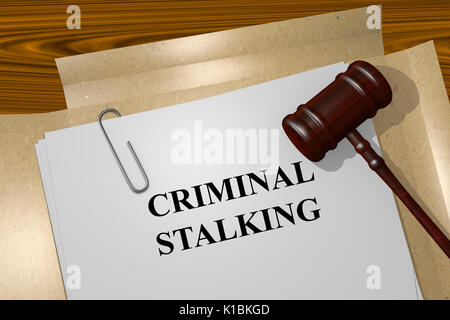 Il rendering di illustrazione dei criminali Stalking titolo su documenti legali Foto Stock