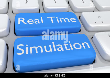 Il rendering di illustrazione della tastiera del computer con la stampa di simulazione in tempo reale su due pale adiacenti i pulsanti blu Foto Stock