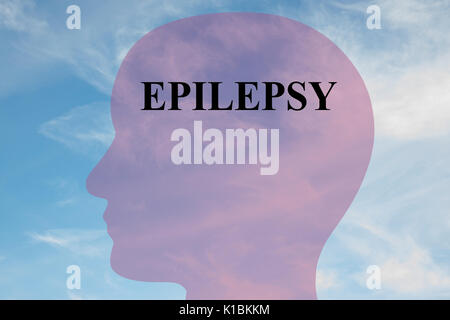 Il rendering di illustrazione di epilessia titolo sulla testa silhouette, con cielo nuvoloso come sfondo. Foto Stock