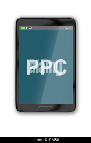 Il rendering di illustrazione di PPC titolo su schermo cellulare, isolato su bianco. Foto Stock