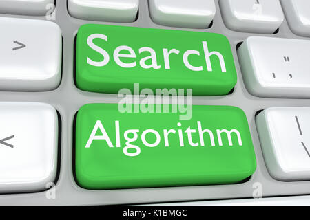 Il rendering di illustrazione della tastiera del computer con la stampa di algoritmo di ricerca su due adiacenti pulsanti verdi Foto Stock