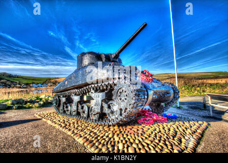 L'esercizio tiger memorial carro Sherman US a torcross parcheggio, da slapton sands. Foto Stock