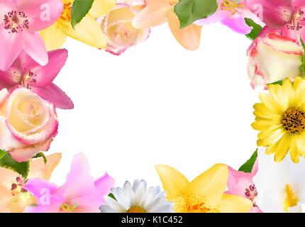 Astratta cornice con Giglio, rose e altri fiori. Backgr naturale Illustrazione Vettoriale