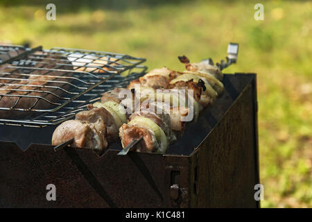 Preparazione sul fuoco dei pezzi di carne infilati su uno spiedino Foto Stock