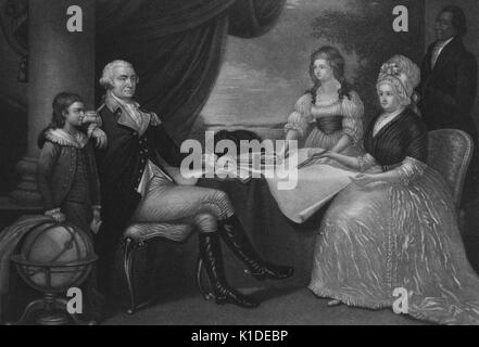 Un attacco a partire da un ritratto di famiglia di George Washington con Martha Washington seduto di fronte a lui, il suo braccio appoggiato sullo spallamento del suo passo-nipote e figlio adottivo George Washington parke custus marth, figlia del parco eleanore custis è in piedi accanto a lei, William Lee, in background, era una schiava e cameriere personale di George Washington, il solo schiavo liberato nella sua volontà, Washington dc, 1800. dalla biblioteca pubblica di new york. Foto Stock