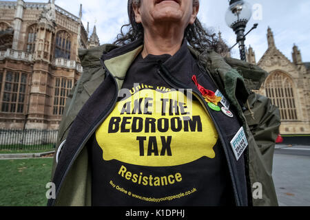 "Ax camera da letto tassa". Anti-camera da letto manifestanti fiscale dimostrare in Palazzo Vecchio Cantiere di fronte Westminster's gli edifici del Parlamento europeo a Londra, Regno Unito. Foto Stock