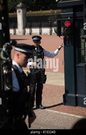 Londra, Regno Unito. Il 27 agosto, 2017. Rafforzate le misure di sicurezza a Buckingham palace in seguito al tentativo di attacco terroristico su ufficiali del venerdì notte. Una chiara prescienza armati era visto il sabato e la domenica presso il palazzo di polizia come fissare le porte mentre i turisti guarda sulla. Il bloccaggio fino a Buckingham Palace Credito: Ben Smith/Alamy Live News Foto Stock