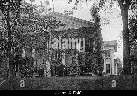 Ansley Wilcox residenza decorata con striscioni e la bandiera americana, dove il Presidente Theodore Roosevelt ha preso il suo giuramento di ufficio, Buffalo, New York, 14 settembre 1901. Foto Stock