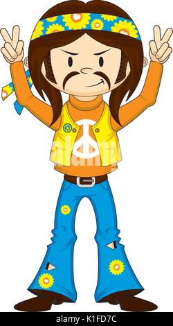 Cartoon carino Flower Power Hippie illustrazione vettoriale Illustrazione Vettoriale