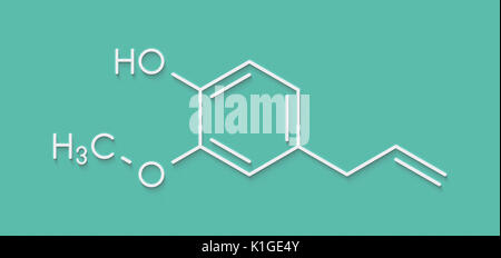 Eugenolo di olio essenziale erboso molecola. Presente in chiodi di garofano, noce moscata, ecc. Formula di scheletro. Foto Stock