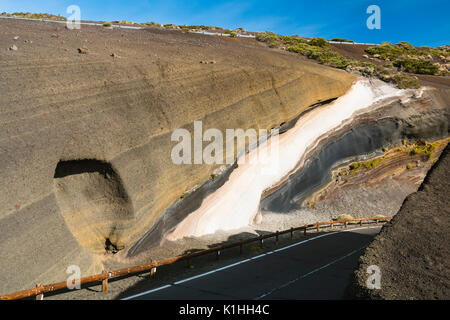 Colorate di roccia vulcanica di strati con una striscia bianca in una curva della TF24 strada in Tenerife, Spagna. Foto Stock