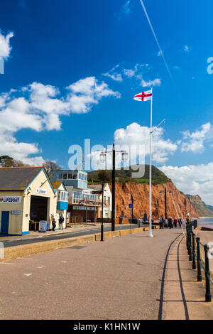 La bandiera di San Giorgio vola fuori la scialuppa di salvataggio RNLI stazione sul lungomare di Sidmouth su Jurassic Coast, Devon, Inghilterra, Regno Unito Foto Stock