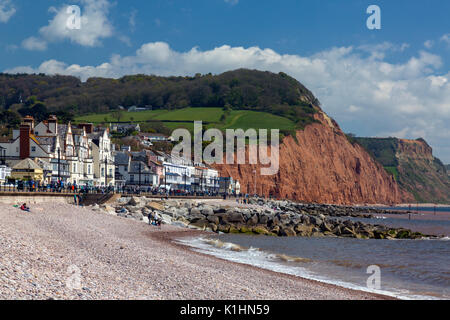 Sidmouth è un popolare Victorian località balneare della Jurassic Coast affiancato da torreggianti, ma instabile, rosso scogliere di arenaria, Devon, Inghilterra, Regno Unito Foto Stock