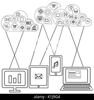 Cloud Computing la Linea sottile , Vettore set di icone. Le tecnologie Web, illustrazione vettoriale Illustrazione Vettoriale