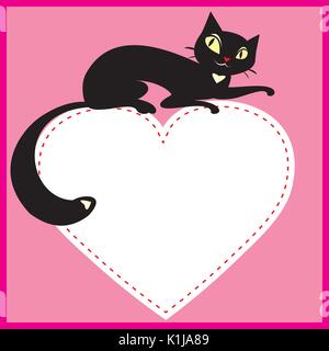 Sfondo con gatto nero su bianco cuore , illustrazione vettoriale Illustrazione Vettoriale