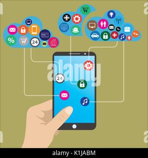 Telefono cellulare in mano e il cloud di icone illustrazione vettoriale Illustrazione Vettoriale