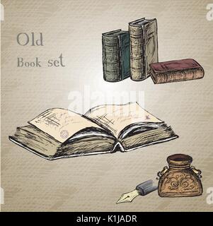 In piuma d oca , elegante in vecchio stile inkpot decorativo ,vecchia carta con iscrizione. Sfondo vintage. Disegnata a mano vector Illustrazione Vettoriale