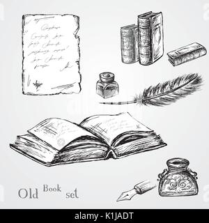 In piuma d oca , elegante in vecchio stile inkpot decorativo ,vecchia carta con iscrizione. Sfondo vintage. Disegnata a mano vector Illustrazione Vettoriale