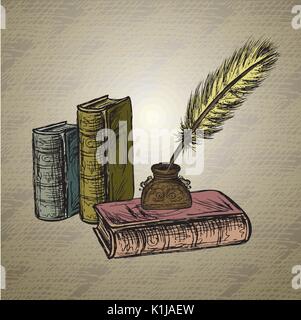 In piuma d oca , elegante in vecchio stile inkpot decorativo ,vecchia carta con iscrizione. Sfondo vintage. Disegnata a mano vector Illustrazione Vettoriale