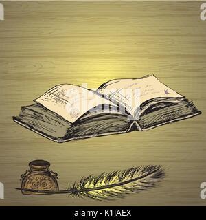 In piuma d oca , elegante in vecchio stile inkpot decorativo ,vecchia carta con iscrizione. Sfondo vintage. Disegnata a mano vector Illustrazione Vettoriale