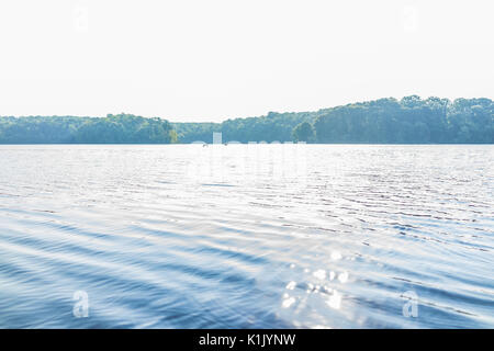 Sagome di oche in volo sopra acqua in Burke Lake, nella contea di Fairfax, Virginia Settentrionale in mattinata estiva Foto Stock