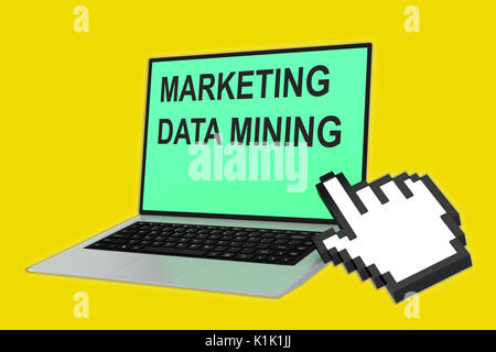 3D illustrazione di 'Marketing data mining' script con puntamento icona mano rivolto verso lo schermo del laptop Foto Stock