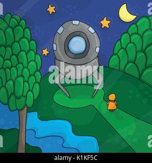 Illustrazione circa il paesaggio notturno, ufo elementi - alien forest Illustrazione Vettoriale