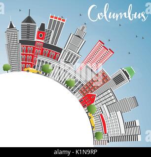 Columbus Skyline con edifici grigi, Blu Cielo e spazio di copia. Illustrazione Vettoriale. Viaggi di affari e di turismo con il concetto di architettura moderna. Illustrazione Vettoriale