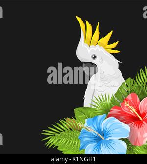 Pappagallo Cacatua bianco con colorati fiori di ibisco Fiore e foglie tropicali Illustrazione Vettoriale