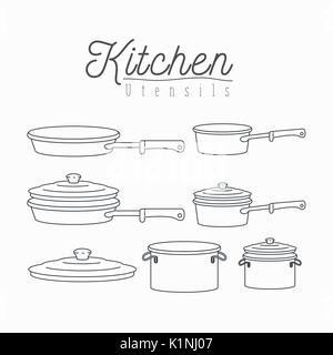 Sfondo bianco con silhouette set di cucina pentole e padelle con coperchi utensili da cucina Illustrazione Vettoriale