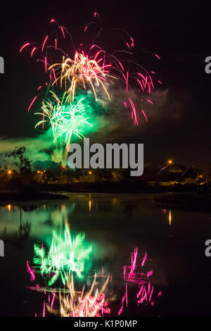 Fuochi d'artificio riflessa nell'acqua di rose di Tralee Festival, County Kerry, Irlanda Foto Stock