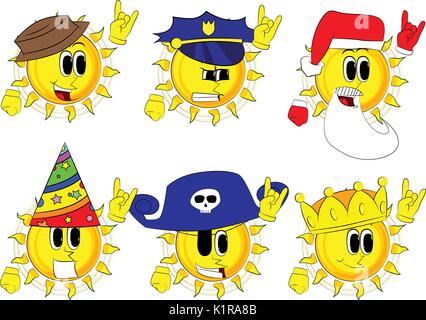 Cartoon sun con le mani in posa a bilanciere. Raccolta con costume. Vettore di espressioni set. Illustrazione Vettoriale