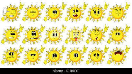 Cartoon sun con le mani in posa a bilanciere. Raccolta con facce tristi. Vettore di espressioni set. Illustrazione Vettoriale