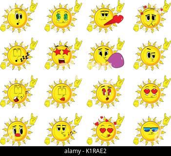Cartoon sun con le mani in posa a bilanciere. Raccolta con varie espressioni del viso. Set di vettore. Illustrazione Vettoriale