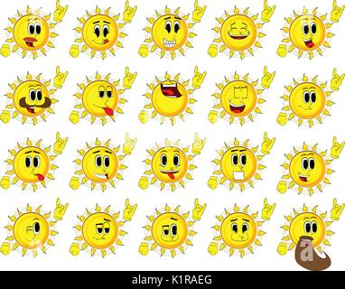 Cartoon sun con le mani in posa a bilanciere. Raccolta con volti felici. Vettore di espressioni set. Illustrazione Vettoriale
