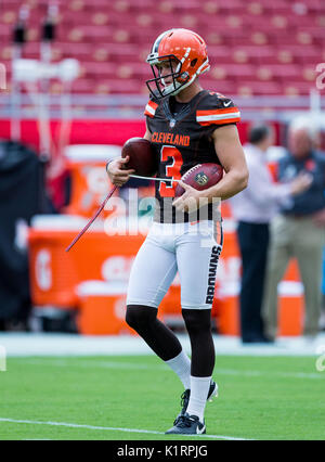 Agosto 26, 2017 - Cleveland Browns kicker Cody Parkey (3) prima che il gioco tra il Cleveland Browns e il Tampa Bay Buccaneers presso Raymond James Stadium di Tampa, Florida. Del Mecum/CSM Foto Stock