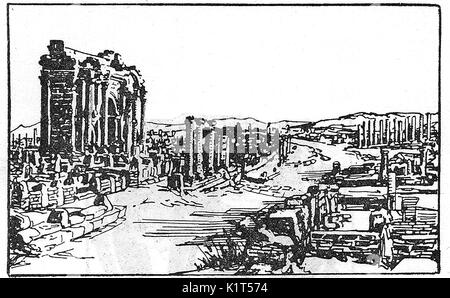 Un 1926 Disegno di rovine e le strade di antiche città Roman-Berber di Timgad (aka Thamugas e Thamugaddi) Algeria Foto Stock