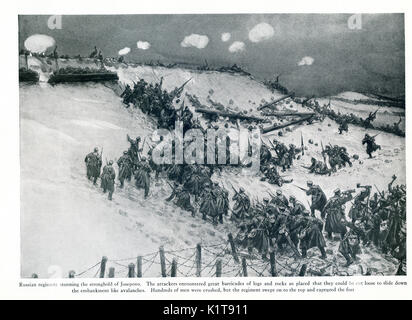 Questa illustrazione fin dalla prima guerra mondiale I ha la didascalia: reggimento russo storming la roccaforte di Josepovo. Gli aggressori encounterd grande barricate di tronchi e rocce collocato in modo che essi potrebbero essere tagliati allentati per scorrere verso il basso il terrapieno come valanghe. Centinaia di uomini sono stati frantumati, ma il reggimento spazzato sulla parte superiore e catturato il fort. Foto Stock