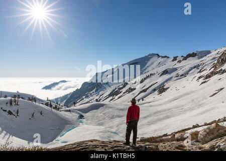 Un uomo si ammira il panorama invernale dal monarca superiore Lago nei minerali valle re di Sequoia National Park. Foto Stock