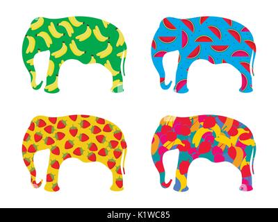 L'elefante indiano con un modello di bacche e frutta isolato su uno sfondo bianco. Banane, fragole e anguria. Serie di illustrazioni vettoriali Illustrazione Vettoriale