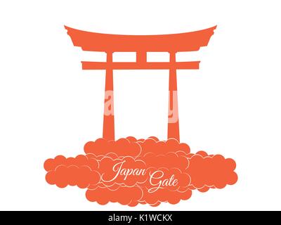 Giappone gate isolato su sfondo bianco, torii gate, gate giapponese. Torii gate tra le nuvole. Simbolo del Giappone. Illustrazione Vettoriale