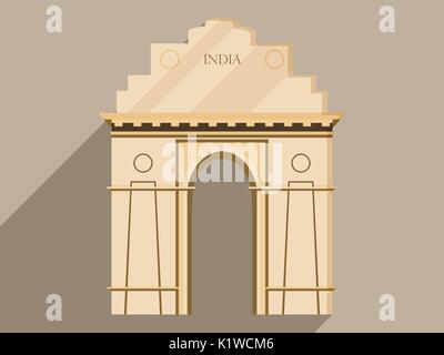 India gate isolamento su uno sfondo bianco. Simbolo di India, Nuova Delhi. Illustrazione di un design piatto con lunga ombra. Vettore. Illustrazione Vettoriale